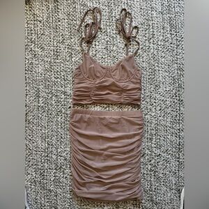 Tan Ruched Bubble Mini Skirt and Crop Top for Night Out